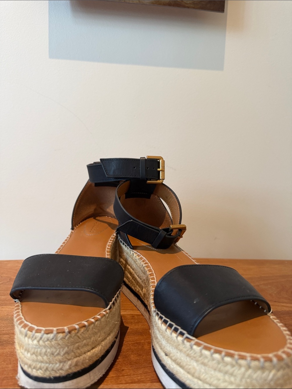 See By Chloe Black Leather Platform Espadrille Sandals with Gold Buckles